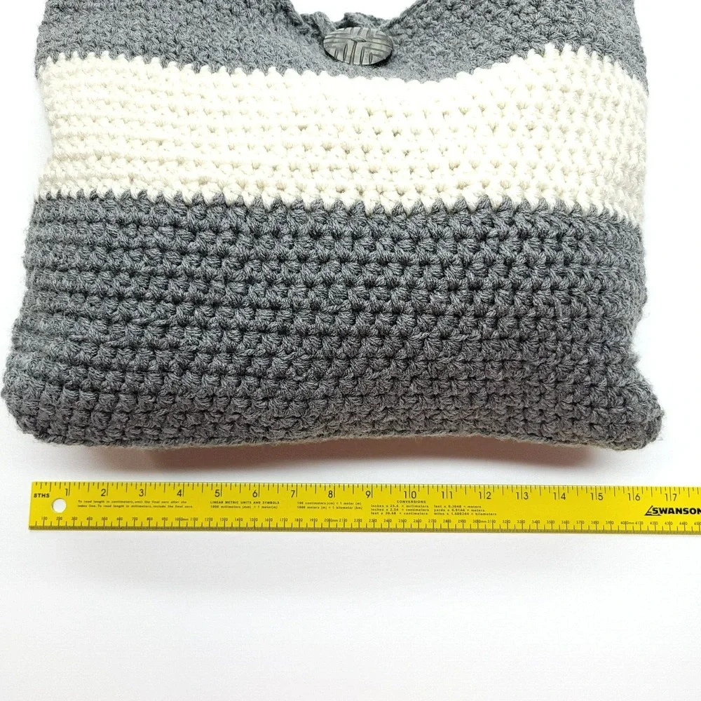 Handmade‎ Crochet Purse Gray Ivory Button Closure Hippie Boho Tote
